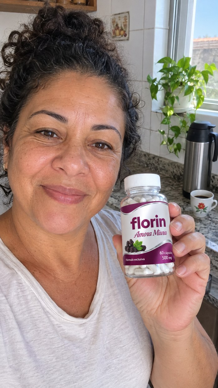 Cliente segurando o pote de Florin na cozinha