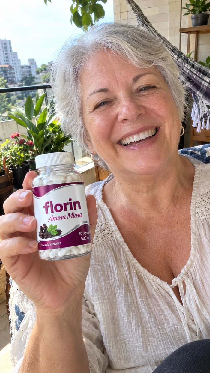 Cliente segurando o pote de Florin na varanda